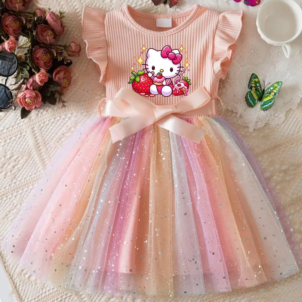 Hello Kitty Flying Sleeves Bow Sequin Princess Dress for Girls | Birthday Party Tutu Dress | Fluffy Baby Girl Dress 1–5 Years