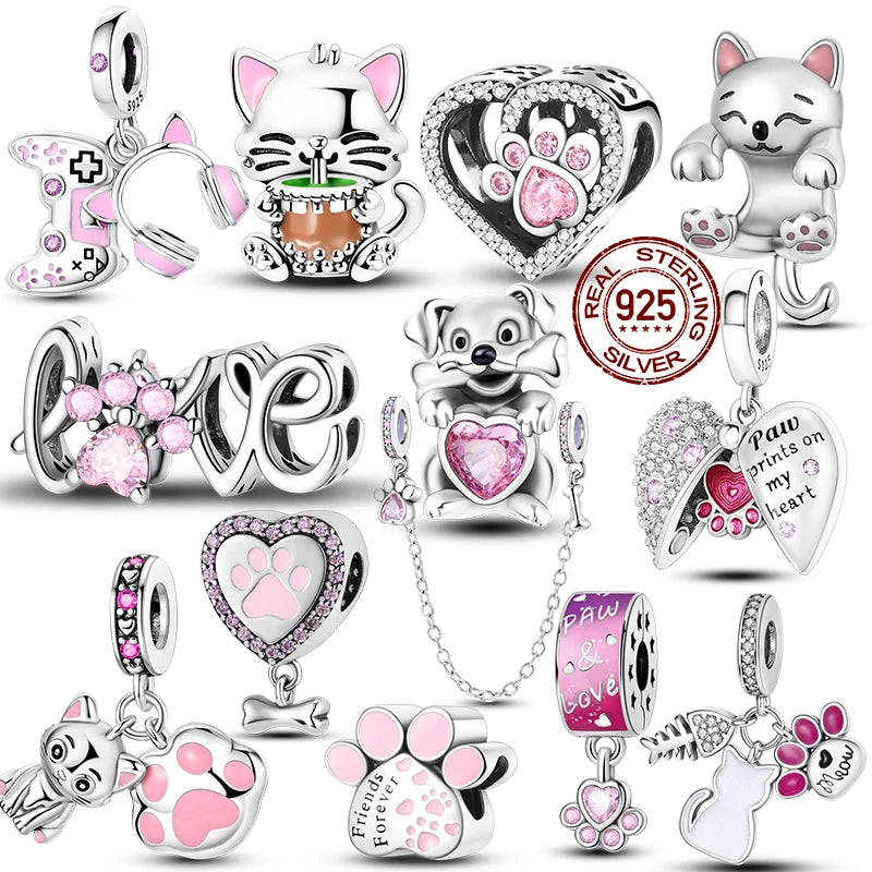 925 Sterling Silver Cute Cat Charm Beads | Paw Print Pendant for Original DIY Bracelets & Women’s Jewelry Gift