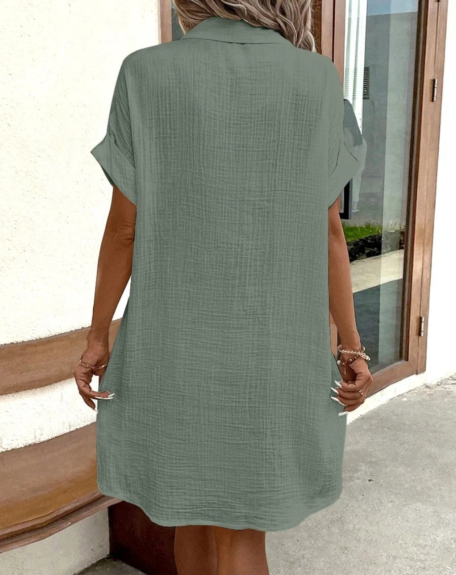 Vintage Women’s Solid Mini Dress – Summer V-Neck Three-Quarter Sleeve Cotton Linen Casual Dress