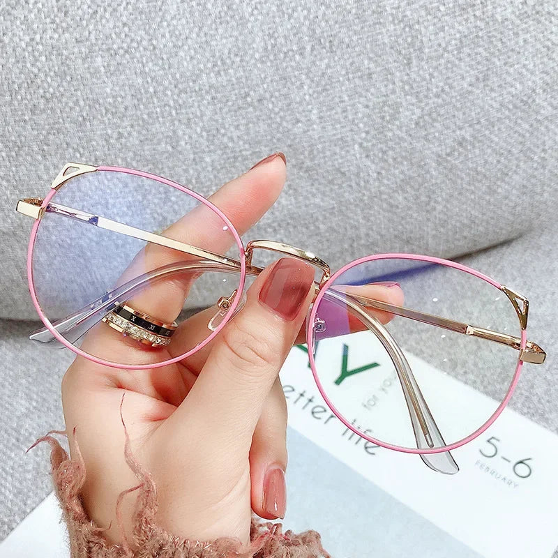 Fashion Anti Blue Light Glasses for Women – Thin Alloy Metal Cat Ear Round Frame | Computer Eye Protection Spectacles