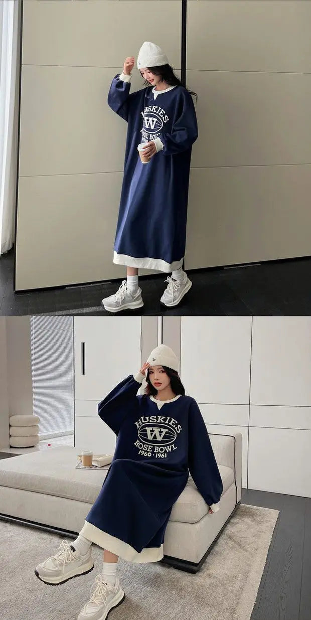 Plus Size Korean Style Loose Casual Sweatshirt Dress – A-Line Skirt, Long Sleeve Mid-Length | Weight Loss Friendly
