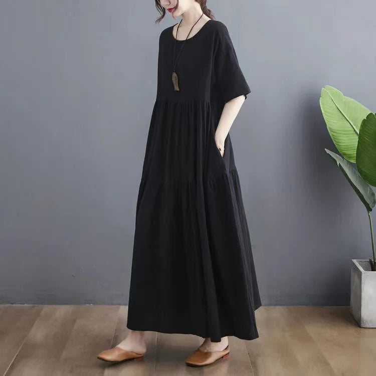 Cotton Linen Midi Dr Slimming A-Line Skirt High Waist Concealing Belly Summer New Sle Artistic Mid-aged And ly Wome...