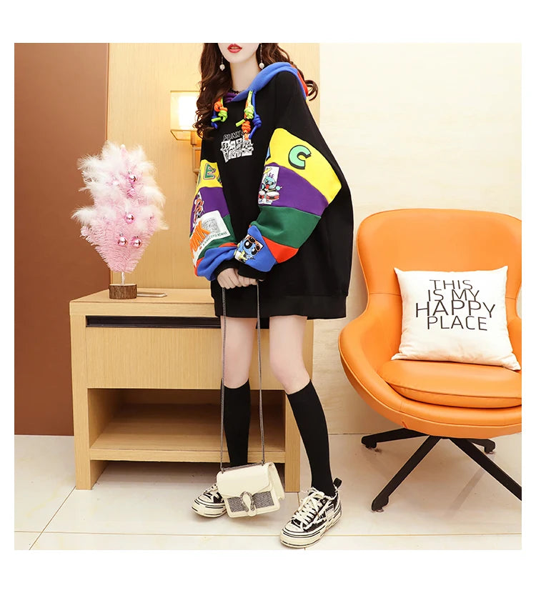 Plus Size Women’s Hoodie – Fleece-Lined Mid-Length Jacket | Autumn Winter Trendy Korean Style Long Sleeve Sweatshirt