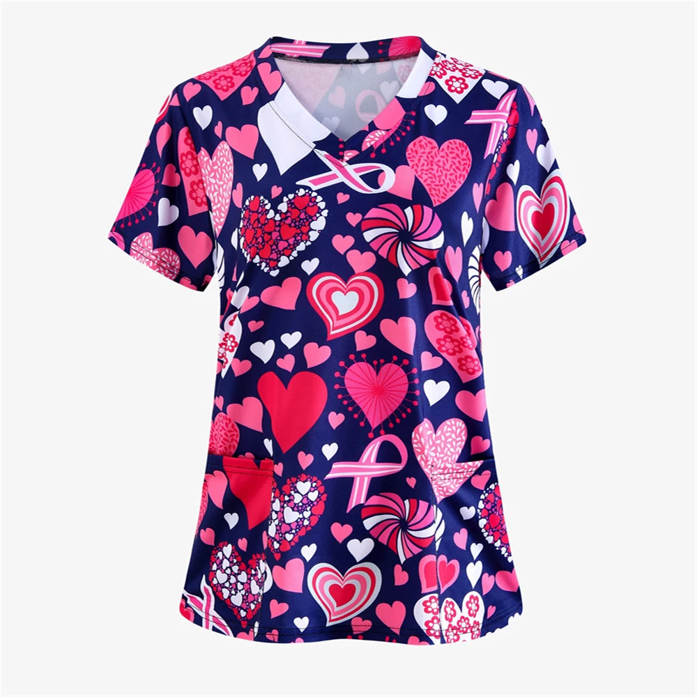 Women’s Heart Print Medical Top ❤️ V-Neck Short Sleeve Nursing Uniform ✨