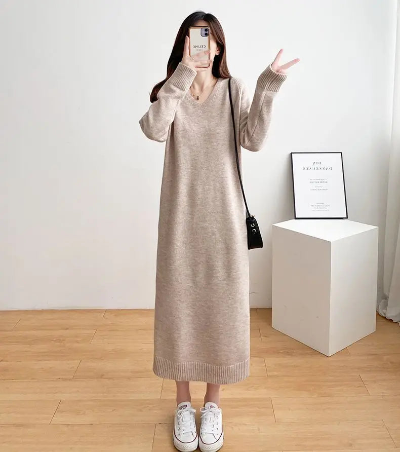 Ladies’ Knitted V-Neck Dress – Loose Fit Base Layer Skirt, Casual Straight Tube Korean Style Autumn Winter Dress