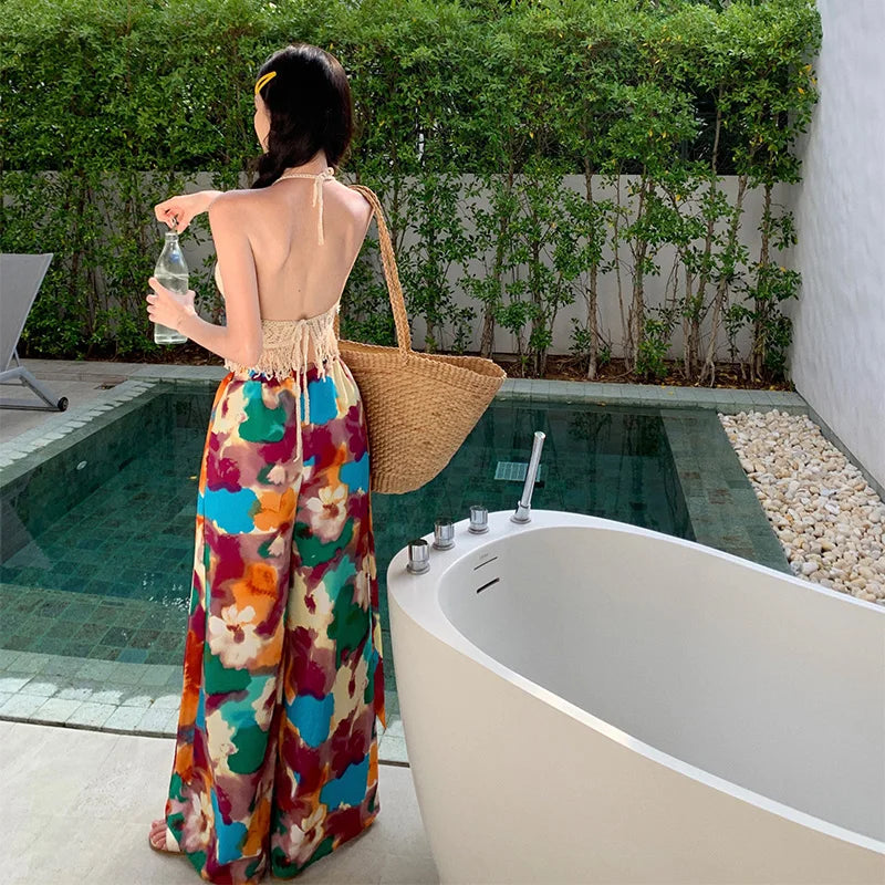 Vacation Style High Waist Wide Leg Pants – Thin Long Ethnic Print Pants for Beach & Holiday Wear