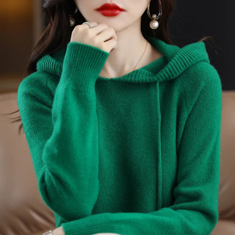 Women Pullover Sweater Hooded Jumper – Korean Loose Fit Solid Long Sleeve Thick Warm Knitted Sweater Autumn Winter