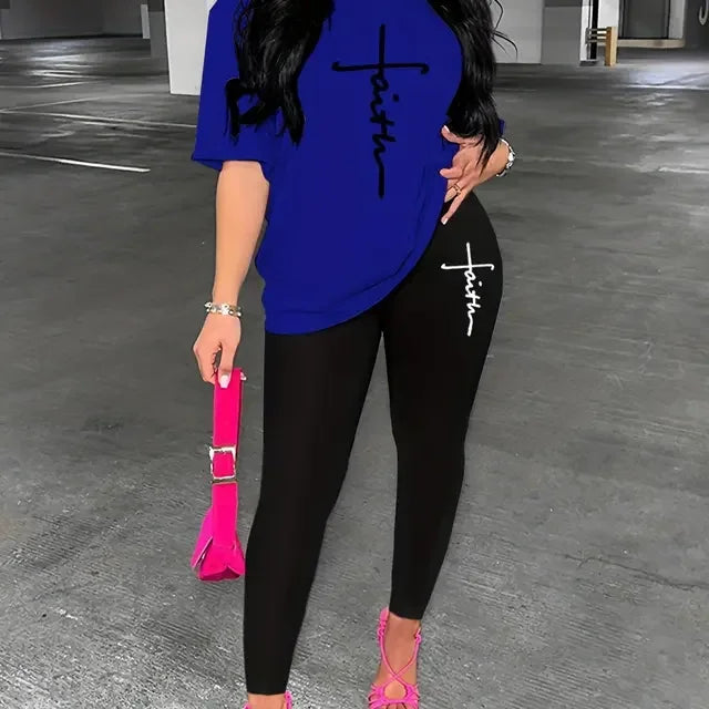 Women’s Summer Faith Letter Print T-Shirt & Leggings Set – Loose Plus Size All-Match Two-Piece Outfit 👕✨