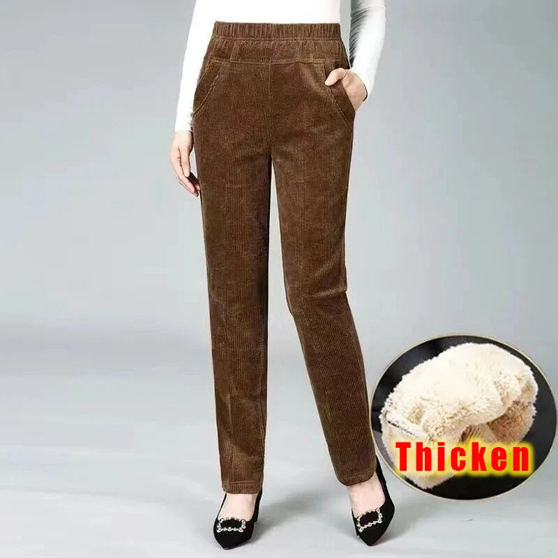 Autumn Winter Women’s Plush Fleece Pencil Pants – High Waist Corduroy Leggings | Elegant Office Trousers