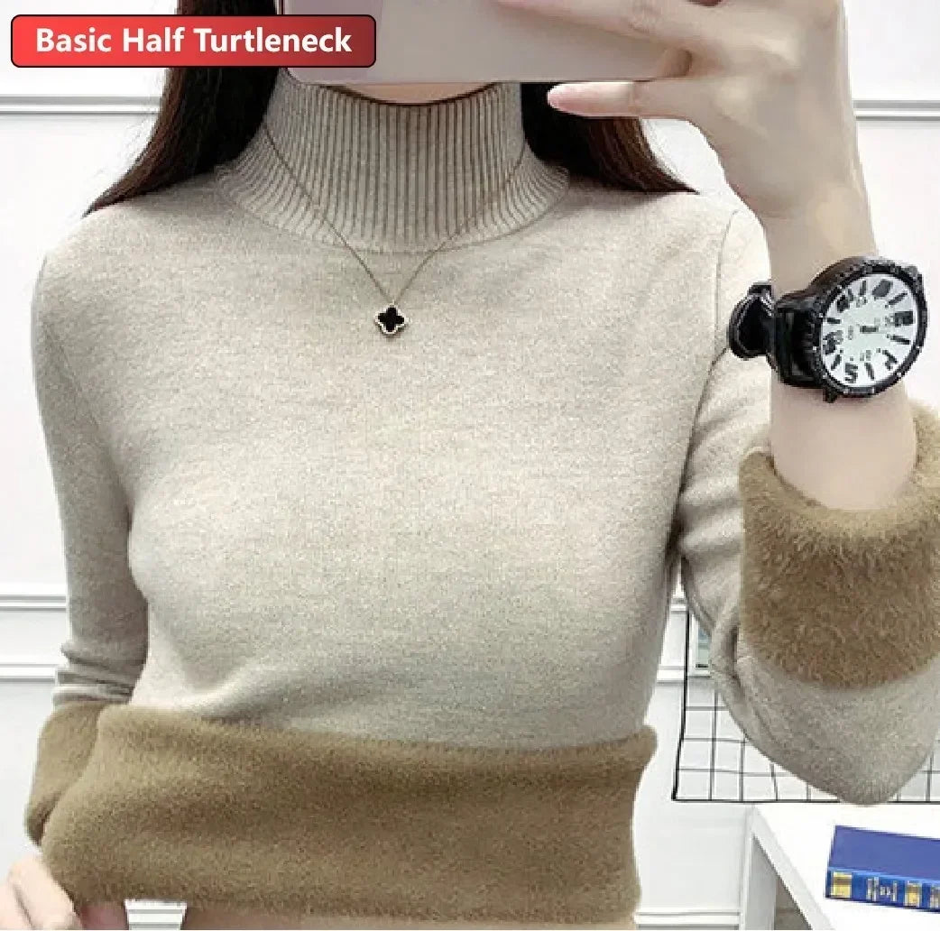 Women Winter Thicken Turtleneck Sweater – Slim Knit Plush Velvet Lined Warm Pullover Jumper