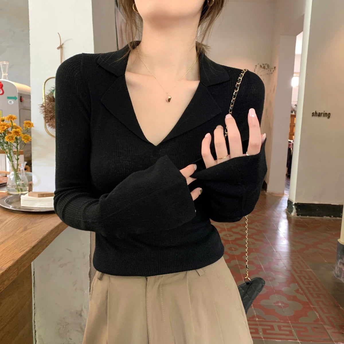 French Style Knitted Long Sleeve V-Neck Collar Sweater – Women’s Winter Base Layer Top | Stretchy Fit for Young Women