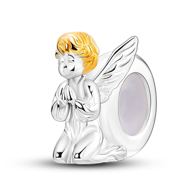 S925 Silver Angel Baby Charms | Heart Shape Wings Dangle Beads Fit Bracelet & Necklace