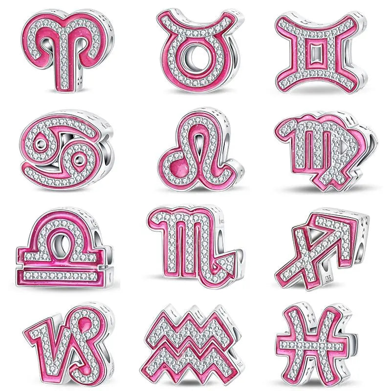 925 Sterling Silver Pink Zircon 12 Zodiac Signs Charms | Fit Original Pandora Bracelets DIY Jewelry Gift for Women