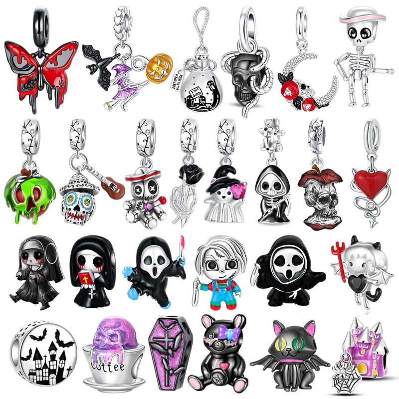 Original 925 Sterling Silver Horror Charms – Nun, Grim Reaper & Poison Apple Pendants for DIY Bracelet