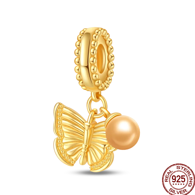 925 Sterling Silver Golden Zircon Saturn Flower Butterfly Charm Bead Fit 3MM Original Bracelet Women DIY Jewelry