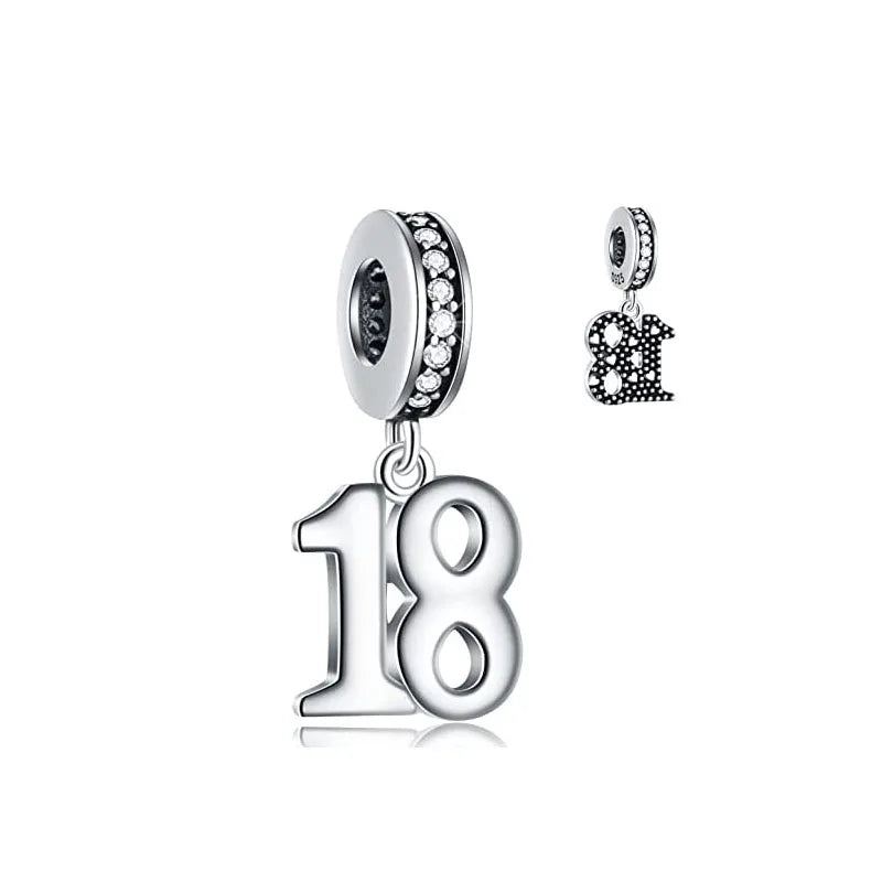 925 Silver Lucky Number Charms 16, 18, 21, 40 – Anniversary & Birthday DIY Bracelet Beads