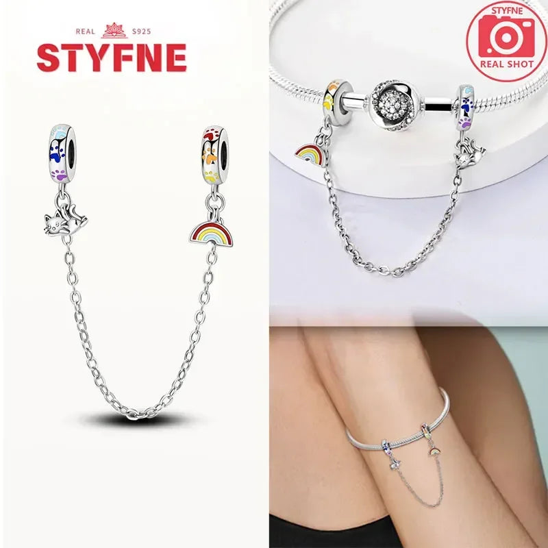 S925 Silver Cute Cat Heart Bead Safety Chain Fit Original Bracelet