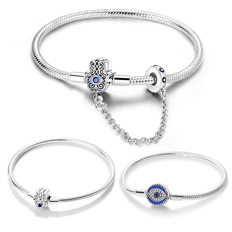 925 Sterling Silver Evil Eye Bracelet with Hand of Fatima | Blue Zircon Protection Charm Jewelry for Women