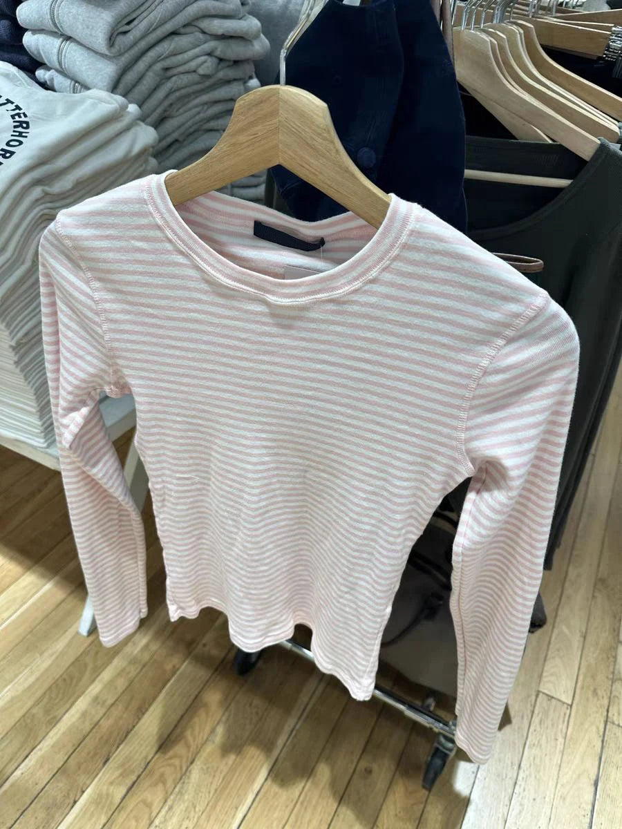Women’s Pink Striped Slim Long Sleeve Tee | Casual Cotton O-Neck T-Shirt | Sweet Vintage Y2K Top