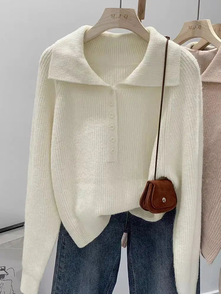 Pink Lazy Korean Style Big Collar Sweater – Women’s Autumn Winter Slim Soft Knitted Top | Sweet Loose Fit Versatile Knit