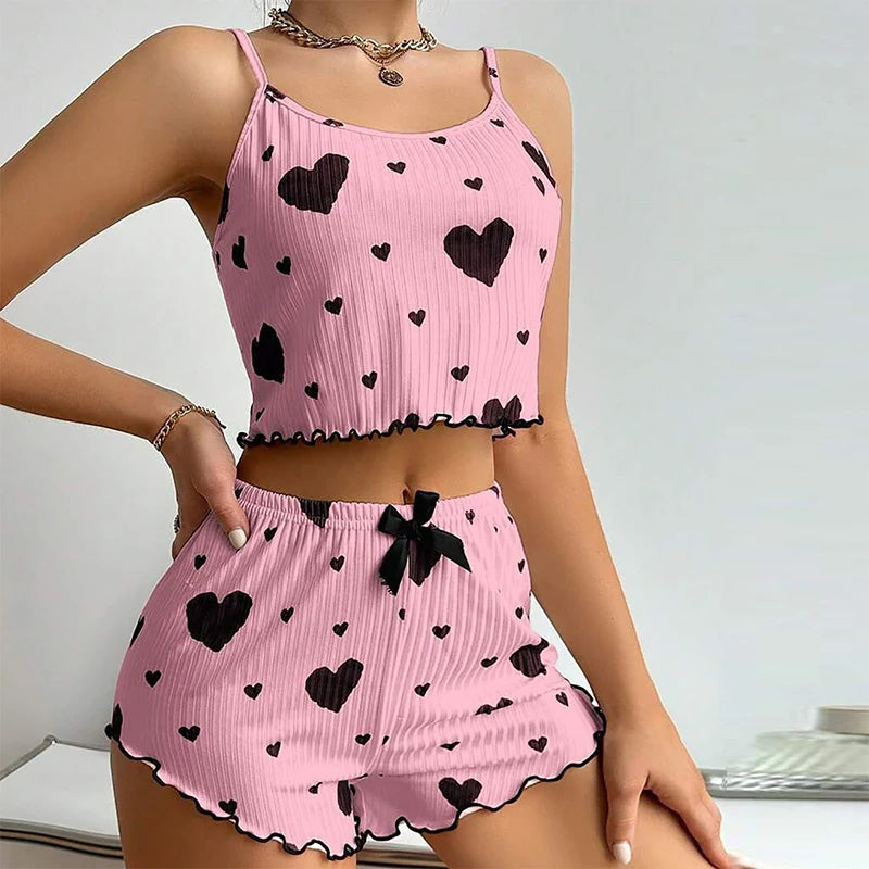 Women’s 2-Piece Pajamas Set – Short Tank Top & Shorts Sleepwear, Soft Casual Ventilated Loungewear with Love Print
