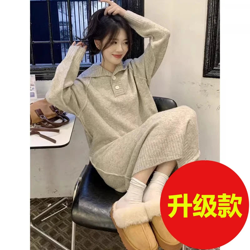 Women’s V-Neck Knitted Dress – Loose Fit Mid-Length Knee-Over Sweater Dress, Autumn Winter Base Layer Inner Wear