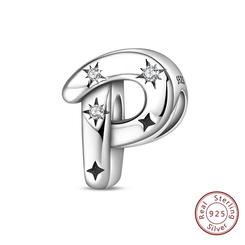 Classic 925 Sterling Silver A–Z Alphabet Charms | Letter Beads with Stars Fit Original Bracelet DIY Jewelry for Women