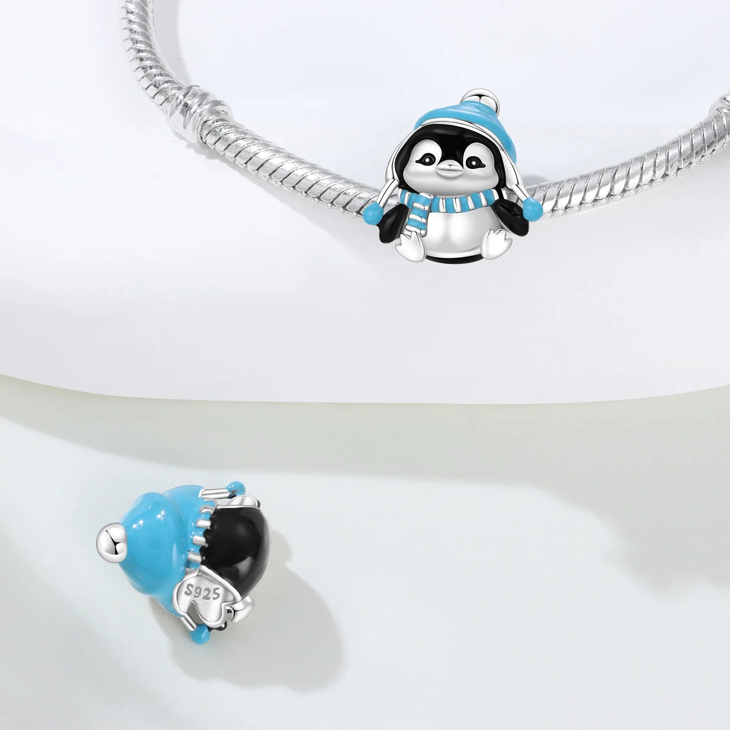 PANPOKI 925 Sterling Silver Blue Hat Penguin Beads | Animal Charms for Original Bracelet DIY Jewelry & Trendy Party Gifts