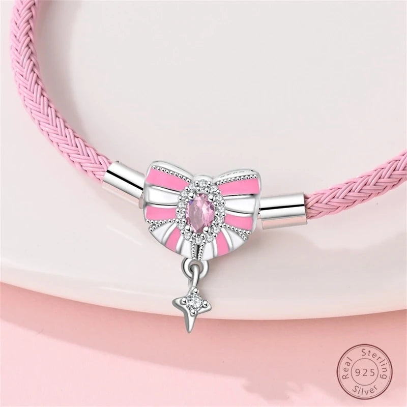 925 Sterling Silver Rainbow Leather Braided Bracelet | Eternal Love Stars & Moon Charm – DIY Women’s Beaded Jewelry Gift