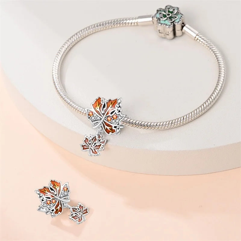 925 Sterling Silver Squirrel & Maple Leaf Charm | Shiny Zircon Autumn Beads Fit Pandora Bracelet DIY Jewelry