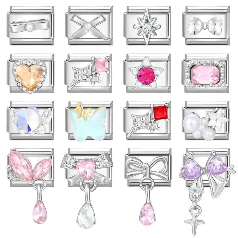 2025 Original Zircon Bow Knot Star Cherry Italian Charm | Stainless Steel 9mm Links DIY Modular Bracelet Jewelry Wholesale