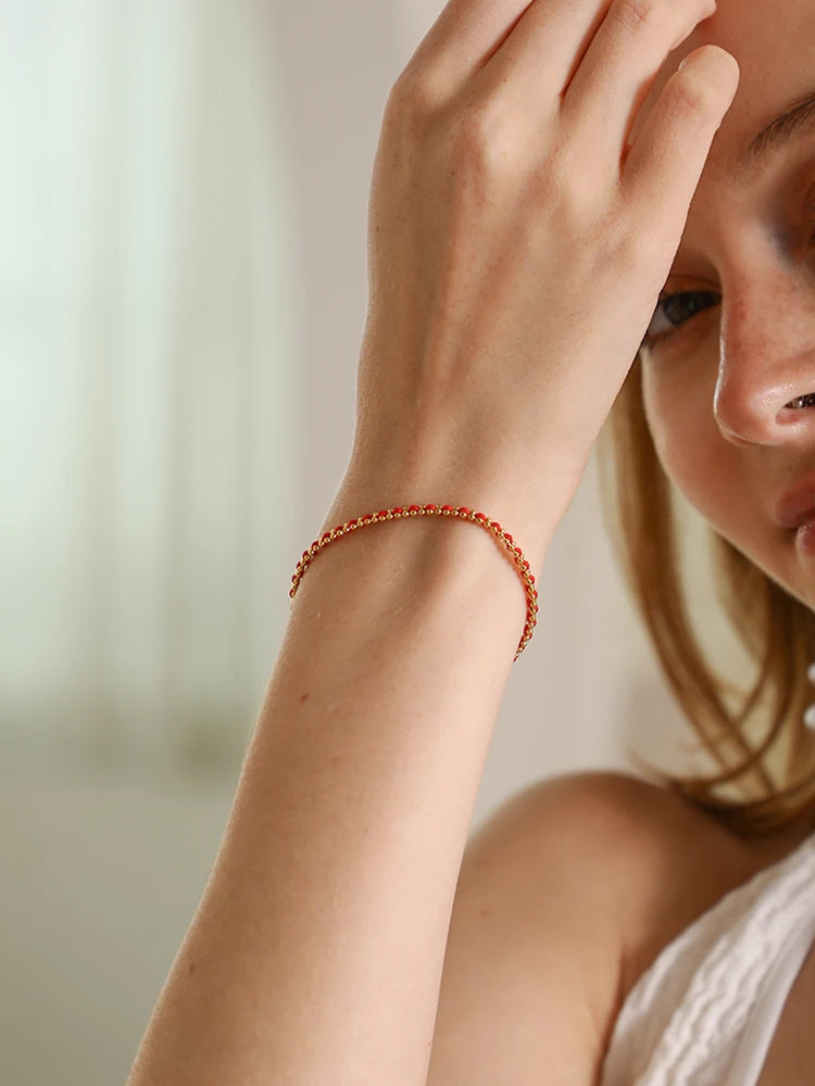 E.B.belle Lucky Red Rope Bracelet | 18K Gold Plated Stainless Steel Round Beads Unisex Fashion Jewelry Gift