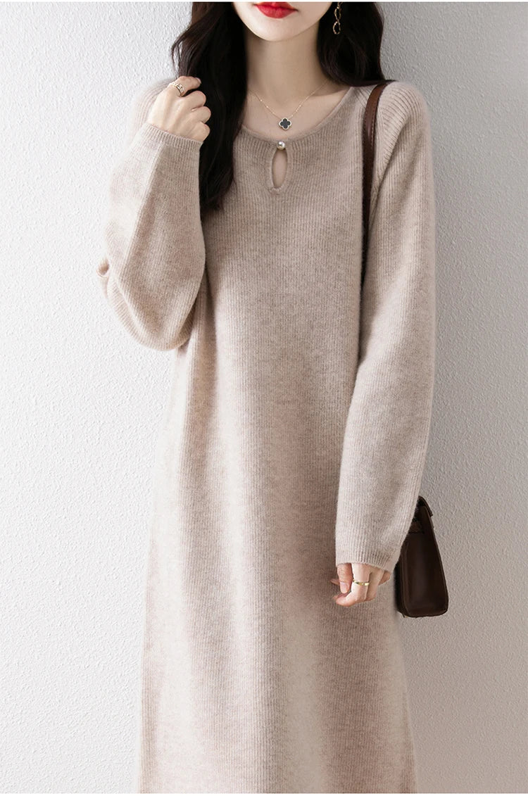 Loose Knitted Sweater Dress for Women – Round Neck Long Sleeve Casual Autumn New Arrival Elegant Fashion Dress
