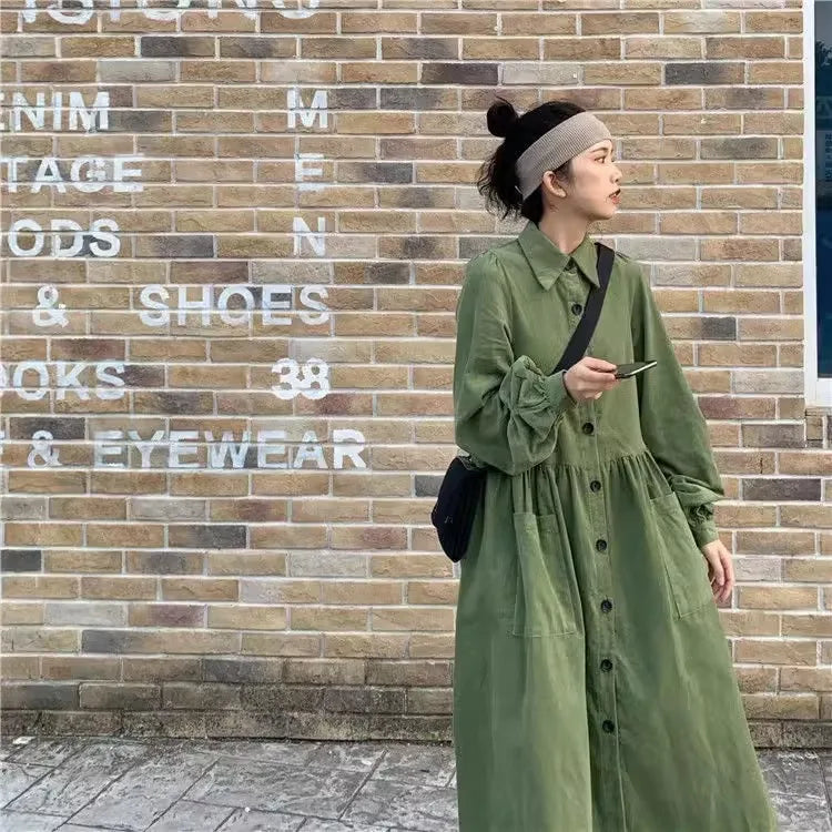 Retro Polo Collar Long Shirt Dress for Women – Loose Fit Casual Tea Break Gown | Elegant Everyday Fashion