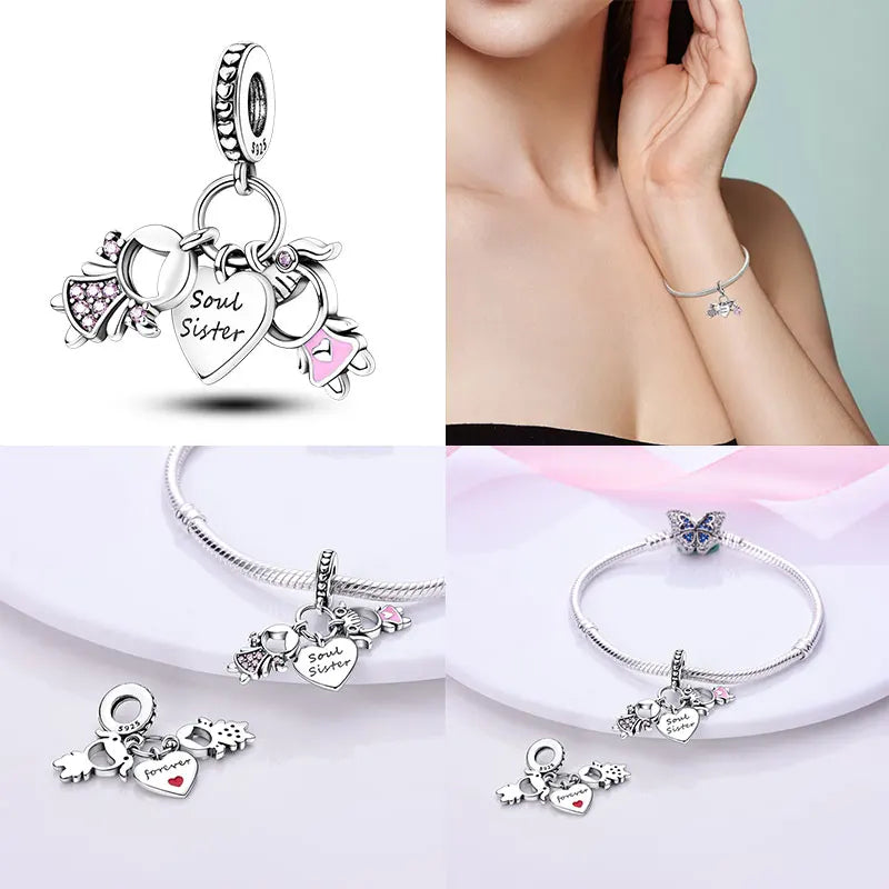 925 Sterling Silver Sweetheart Sister Charm | Fit Original Pandora & 3mm Bracelets DIY Jewelry Gift for Women