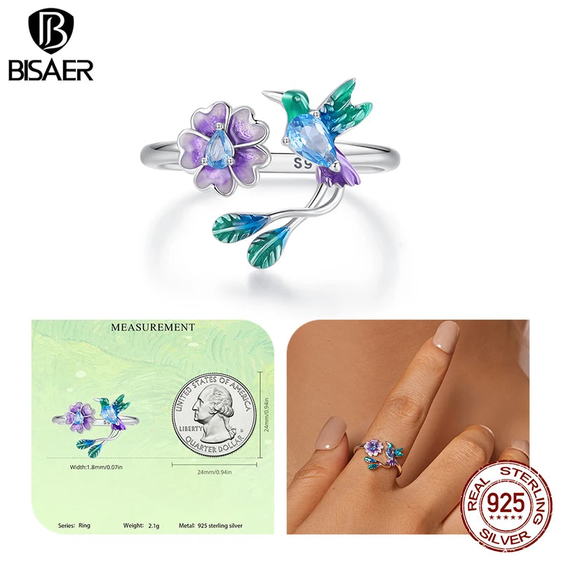 BISAER 925 Sterling Silver Floral Bird Open Ring | Adjustable White Gold Plated Flower Band for Women – Fine Party Jewelry