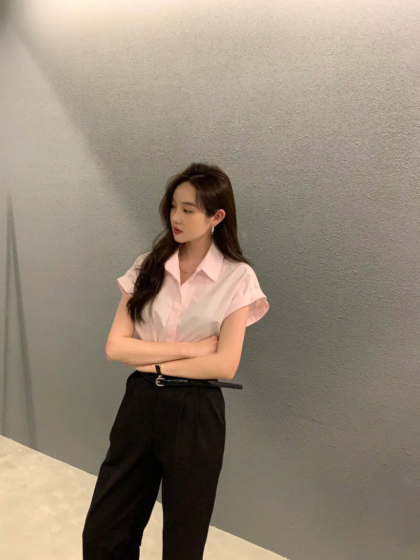 Chic Summer Loose Women’s Shirt | Classic Pure Color Professional Blouse with Small Lapel Collar