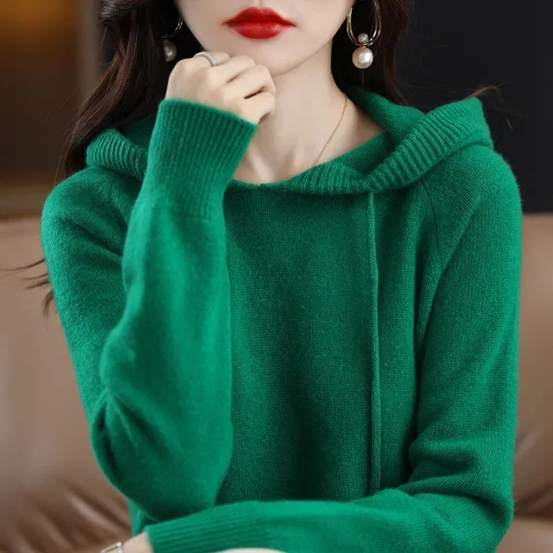 Women Pullover Sweater Hooded Jumper – Korean Loose Fit Solid Long Sleeve Thick Warm Knitted Sweater Autumn Winter