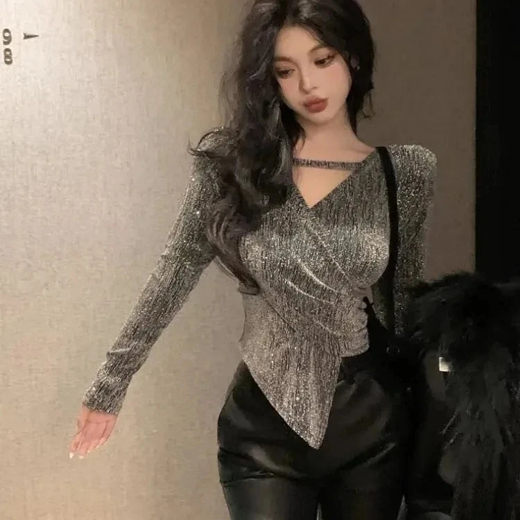 ✨ Elegant Slim Fit Sequin Shirt 👚 Women’s Spring New Long Sleeve Top 🌸 Versatile Fashionable Lady’s Commute Wear