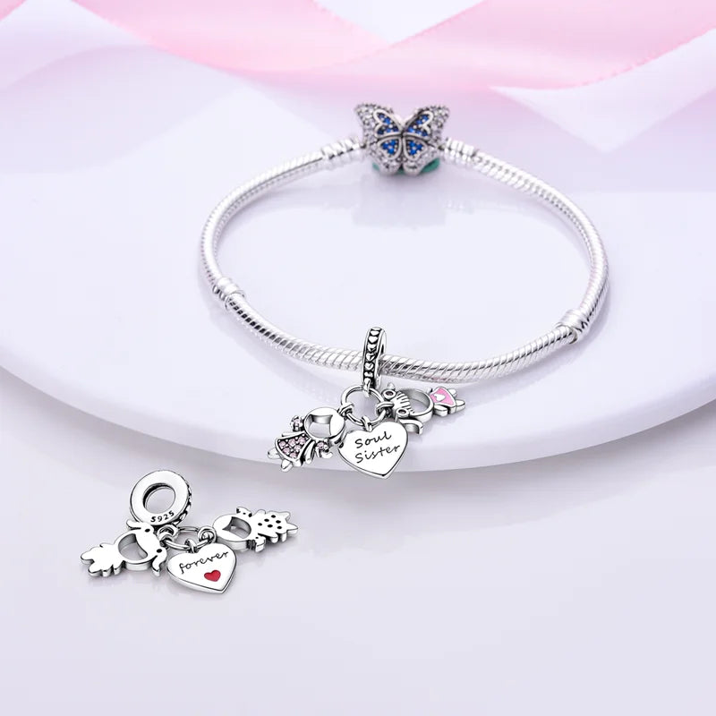 925 Sterling Silver Sweetheart Sister Charm | Fit Original Pandora & 3mm Bracelets DIY Jewelry Gift for Women
