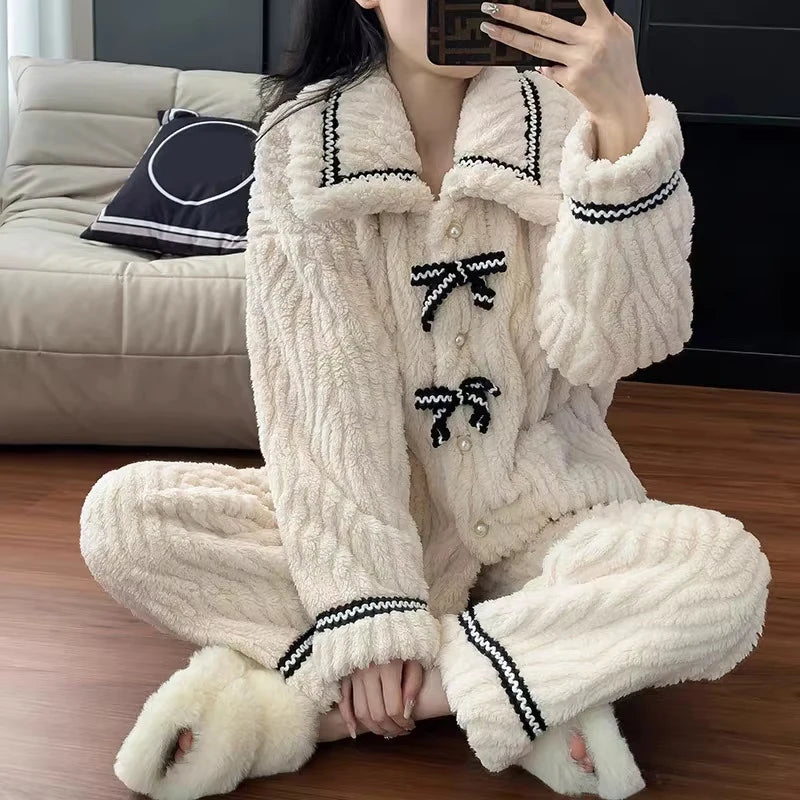 2PCS Women's Pajama Set 👚🩳 Autumn Winter Home Wear ❄️ Thick Padded Warm Princess Loungewear 🌸 Cozy Women's Clothing