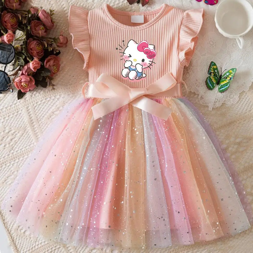Hello Kitty Flying Sleeves Bow Sequin Princess Dress for Girls | Birthday Party Tutu Dress | Fluffy Baby Girl Dress 1–5 Years