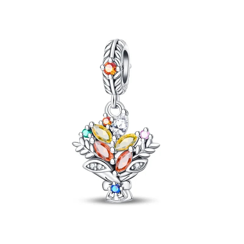 925 Sterling Silver Squirrel & Maple Leaf Charm | Shiny Zircon Autumn Beads Fit Pandora Bracelet DIY Jewelry
