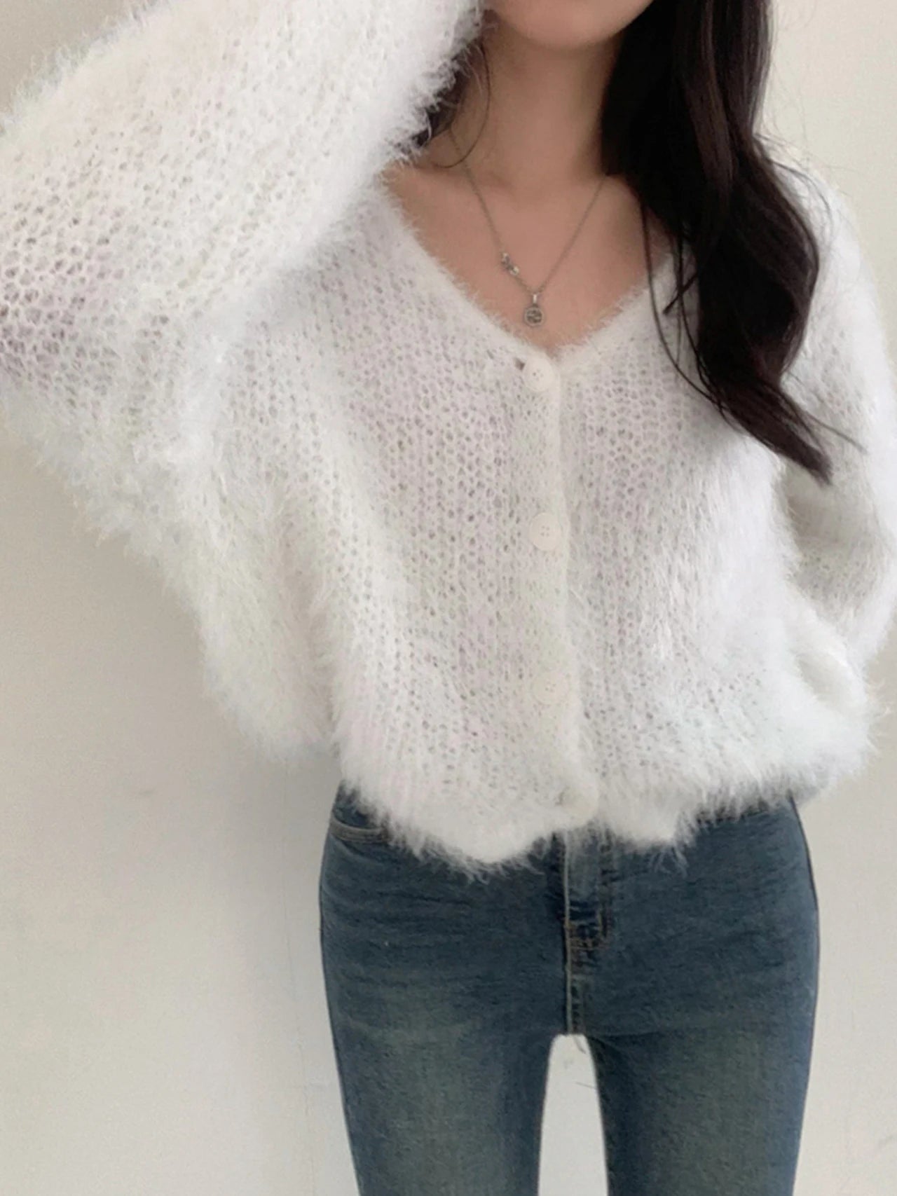Chic V-Neck Knitted Sweater Coat for Women 🧥✨ Faux Fur Lazy Style Cardigan 💖 Autumn Winter Fashion Outerwear