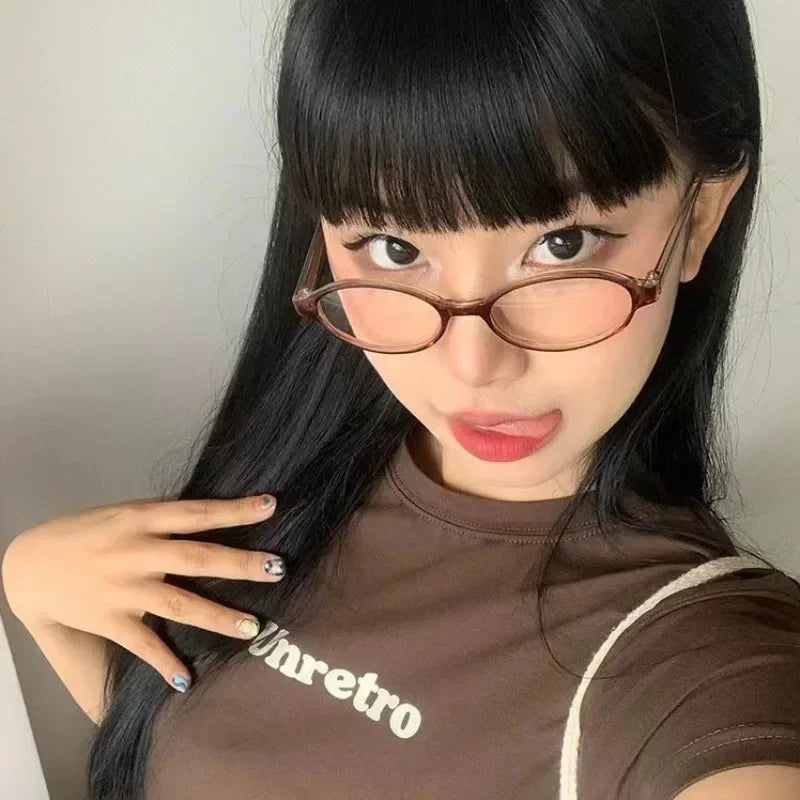 Retro Oval Glasses for Women & Girls – Y2K Red Green Frame Decorative Eyewear | Anti-Blue Light Computer Glasses for Seaside & Driving