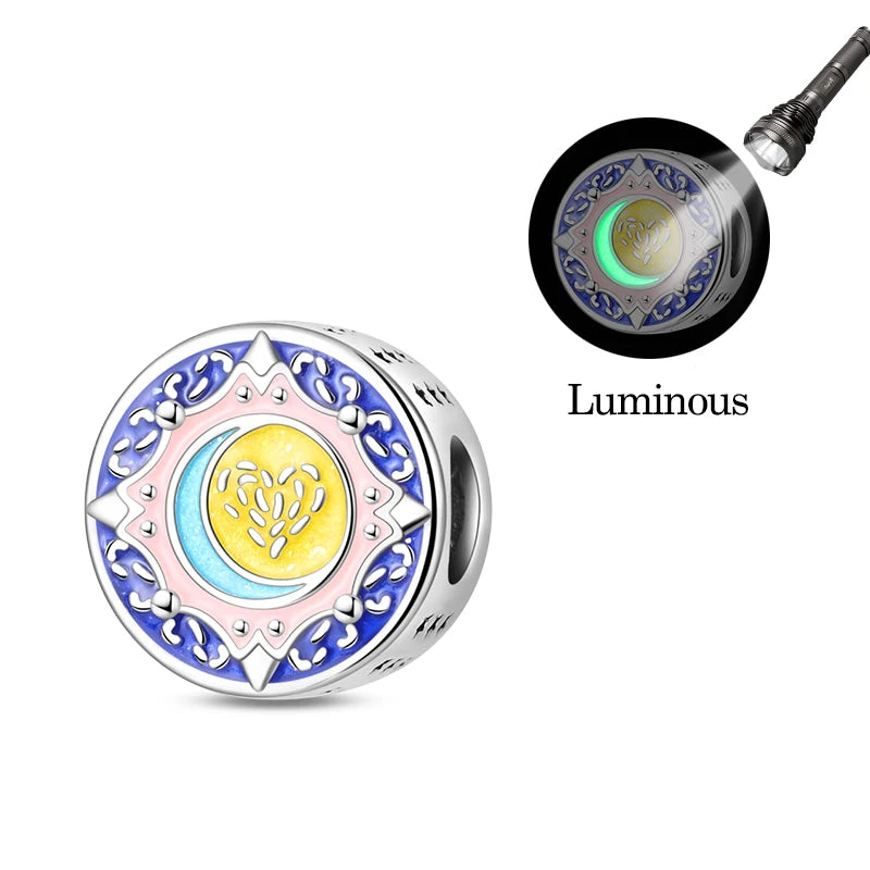 Original 925 Sterling Silver Luminous Lantern & Magic Cat Charm Bead | Glowing Angel Jungle Pendant for Bracelet Jewelry