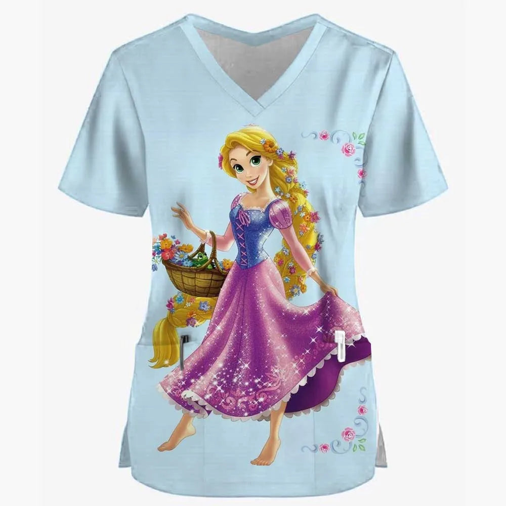 Disney Princess Ariel & Elsa Print Scrub Tops – Women’s Nurse & Dentist Work Uniform 👩‍⚕️✨