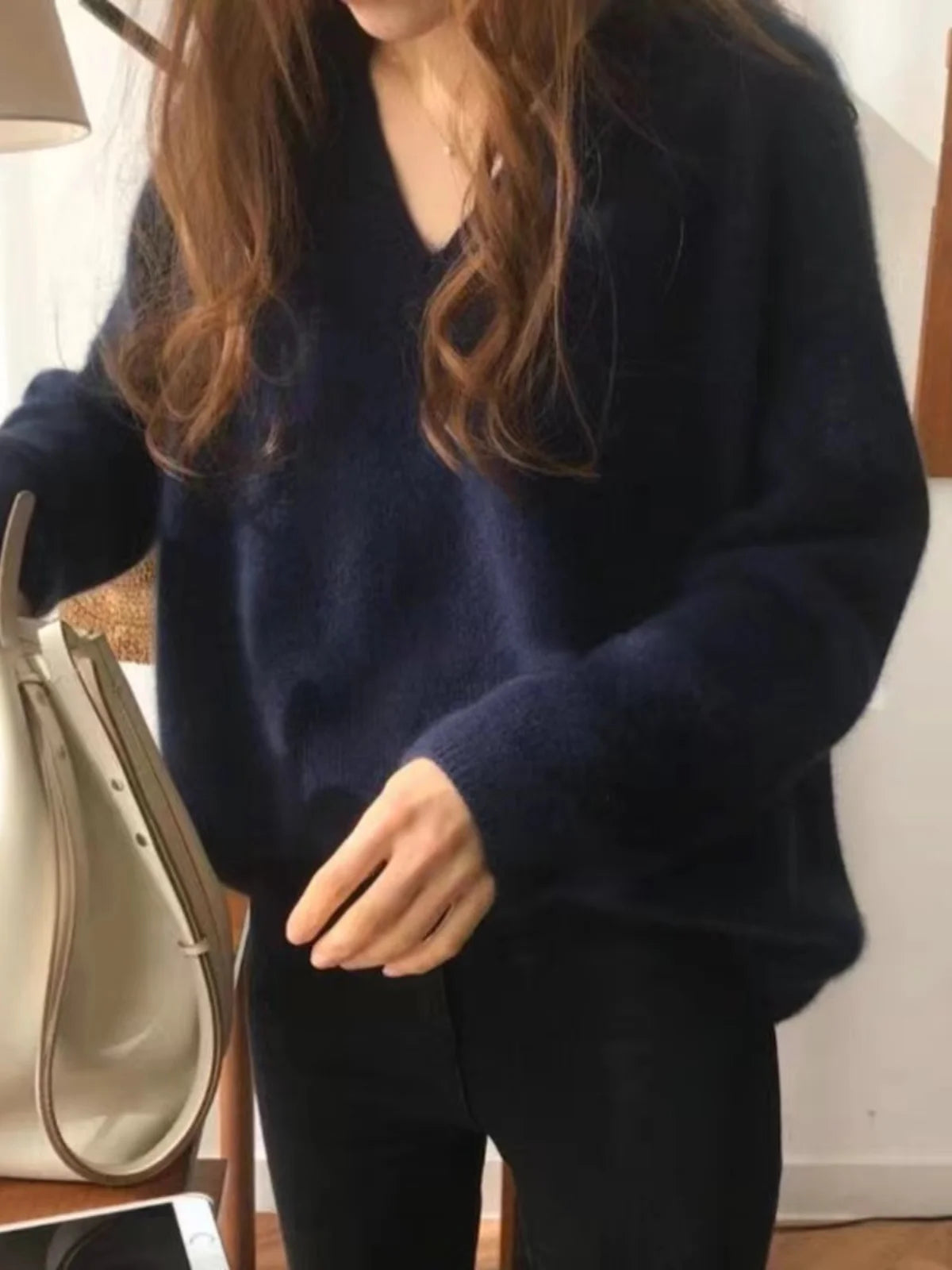 Women’s V-Neck Knitwear – Retro Japanese Style Loose Fit Long Sleeve Crew Neck Top | Spring & Autumn 2025