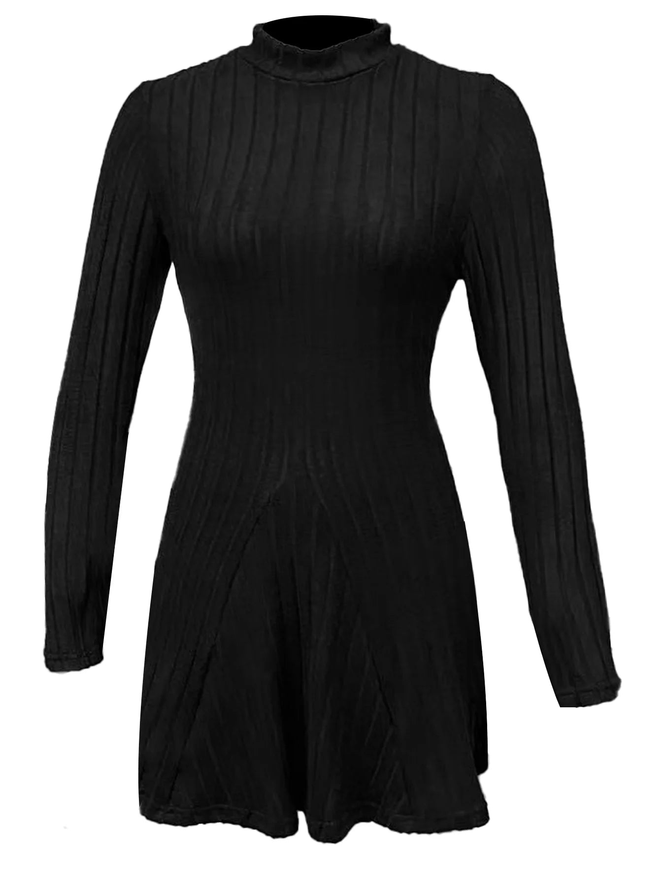 Women’s Slim Fit Half High Collar Dress – Waist Cinched A-Line Pit Stripe Long Sleeve Elegant Autumn Winter Dress