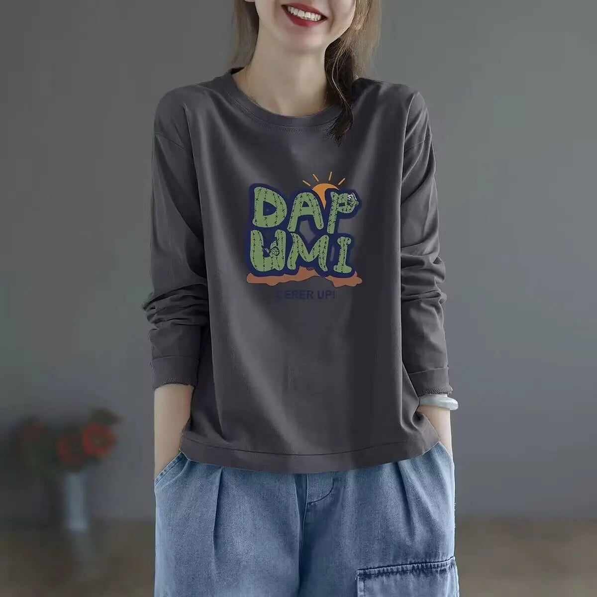 100% Cotton Long Sleeve T-Shirt | Women’s Casual Loose Slimming Top | Autumn Round Neck Fashionable Tee